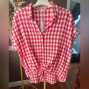 Red and White Checkered Women's Top with tie or tuck in longer tail in front